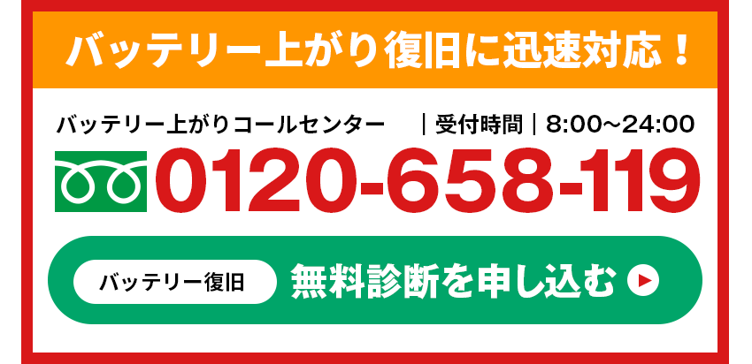 バッテリー上がり復旧に迅速対応!バッテリー上がりコールセンター0120-658-119
